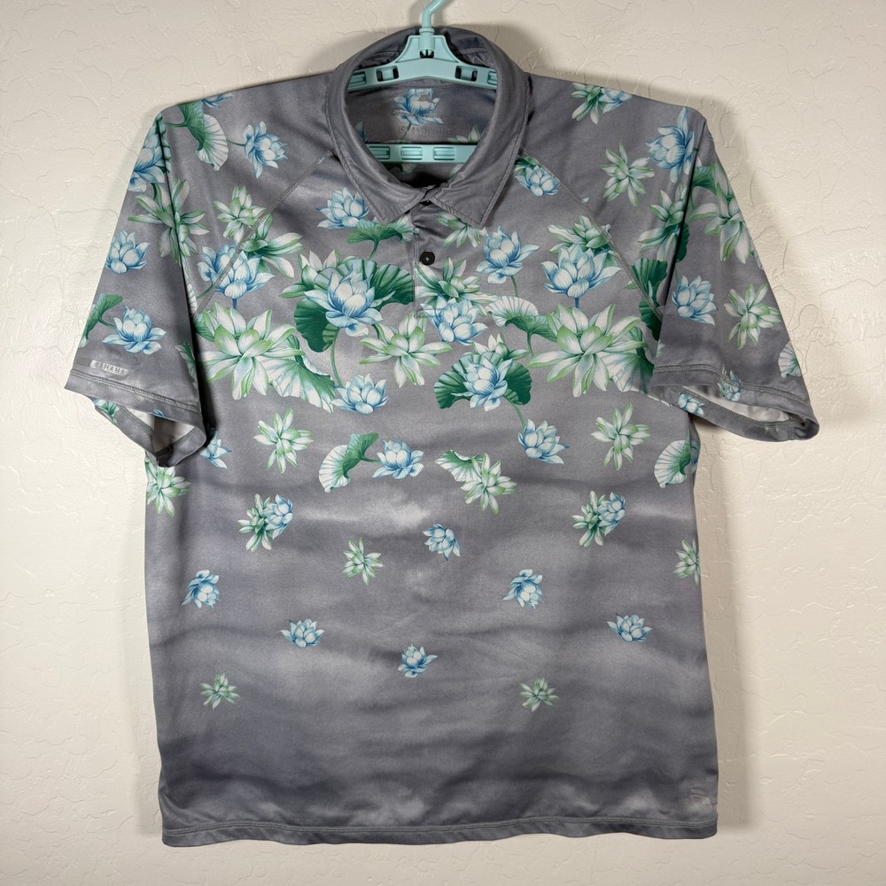 Tommy Bahama Polo Shirt Mens XL Gray IslandZone Lotus Floral‎ Performance Golf